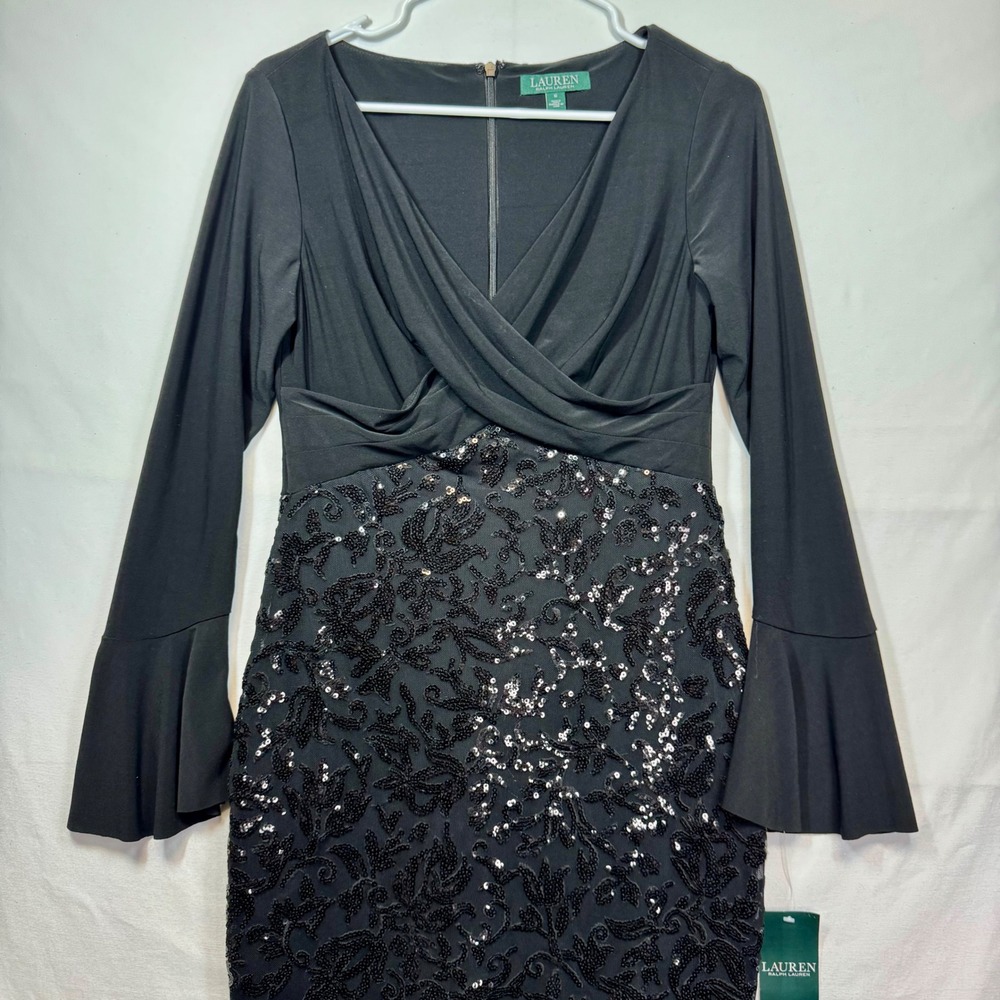 Lauren Ralph Lauren Sequin Dress Cocktail Party Flared Sleeve Black Size‎ 6 NWT